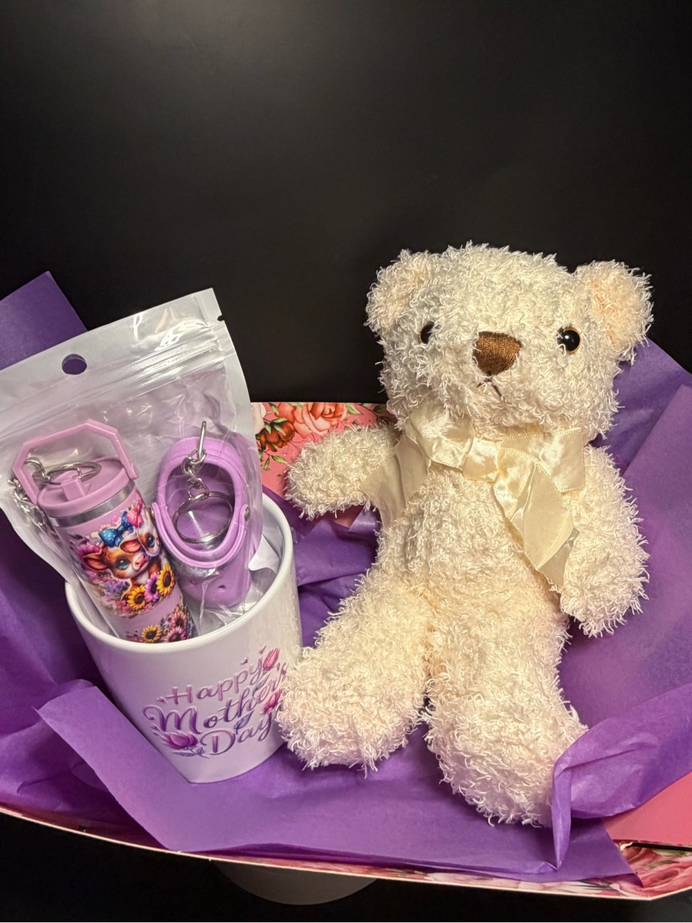 Plush Cream Teddy Bear with Purple Kids Accessories Gift Set